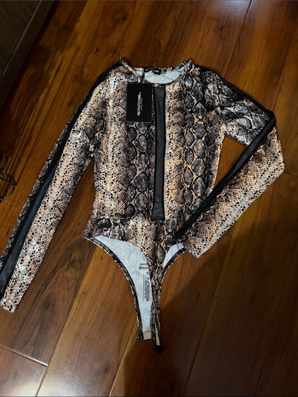 PrettyLittleThing Snake-Print Long Sleeve Velvet Bodysuit with Black Lace Trim